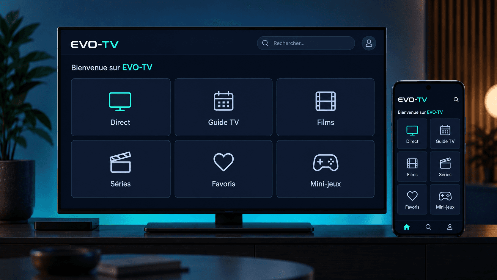 Illustration d’EVO-TV sur ordinateur et téléphone montrant Direct, Guide TV, Films, Séries, Favoris et Mini-jeux