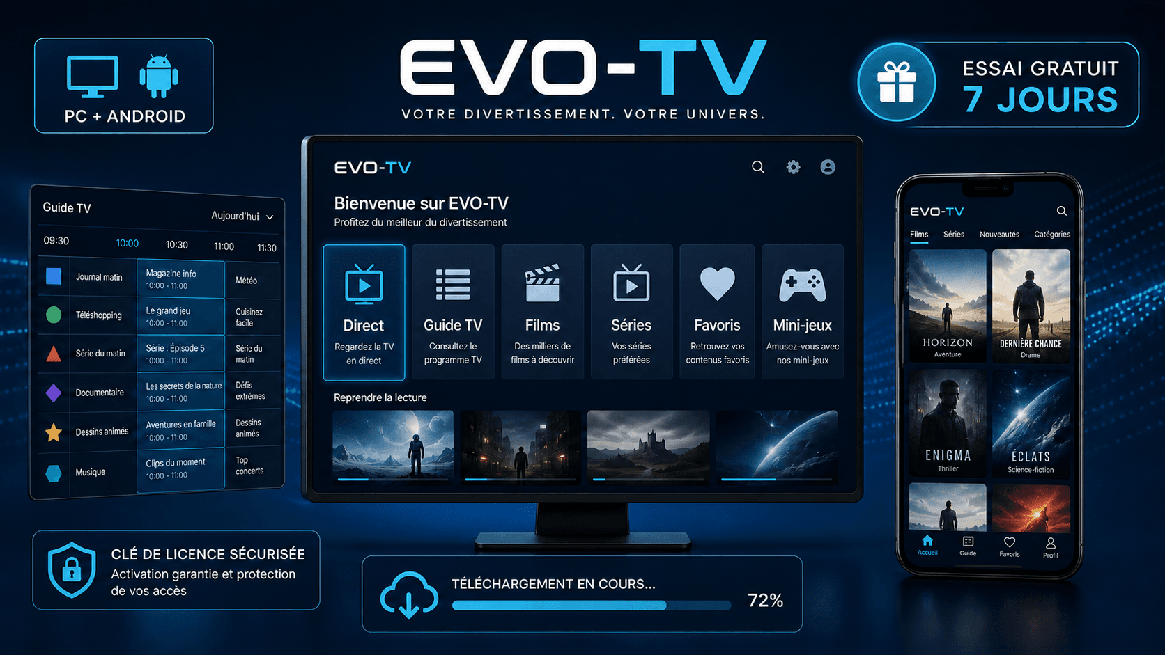 EVO-TV sur PC et Android avec direct, guide TV, films, séries, favoris et mini-jeux