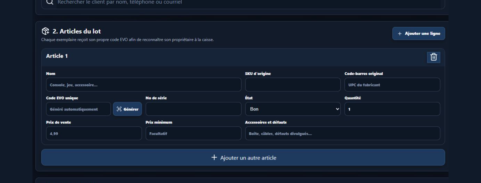 Aperçu de Lots et articles dans EVO POS