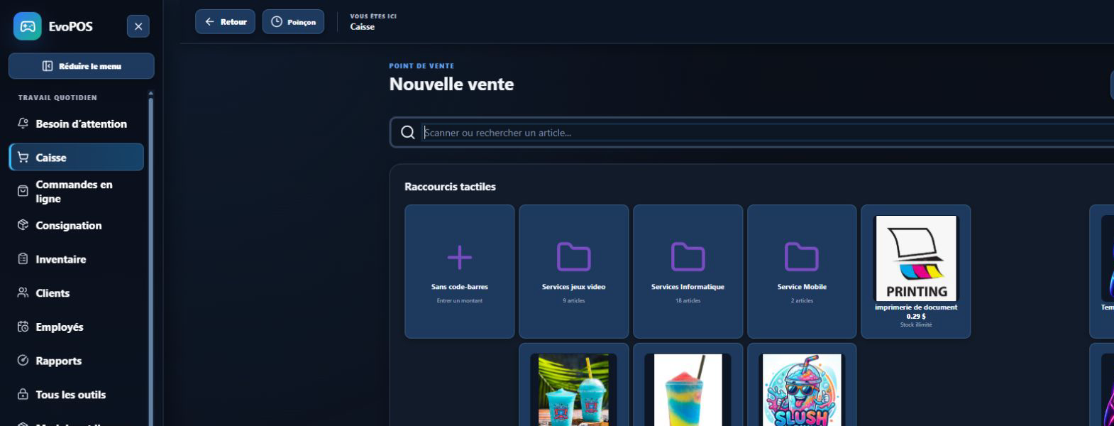 Aperçu de Caisse et paiements dans EVO POS