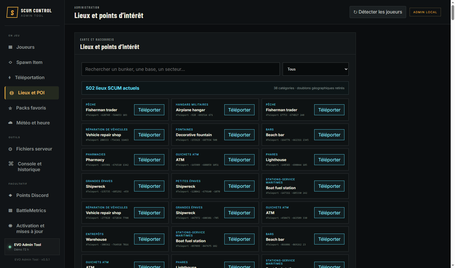 EVO SCUM Admin Tool version 0.5.1 affichant son catalogue de lieux et POI